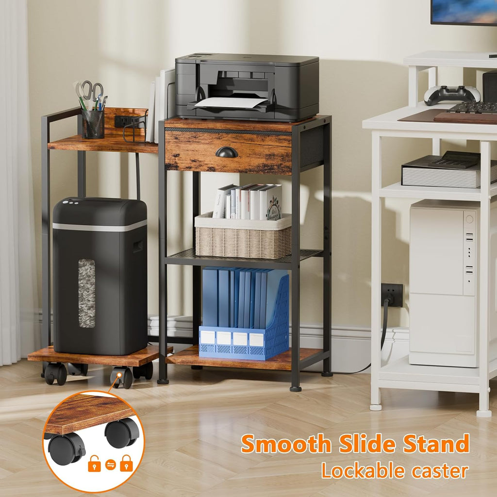 Printer Stand with Storage Drawer, 3 Tier, Wheels, Rustic Brown Q7311