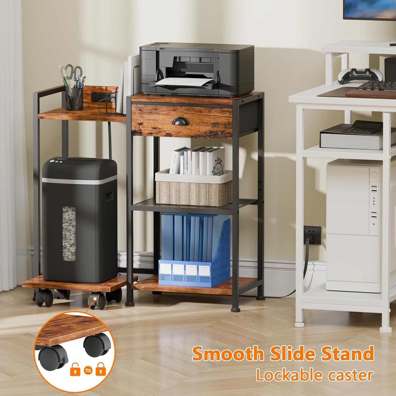 Printer Stand with Storage Drawer, 3 Tier, Wheels, Rustic Brown Q7311