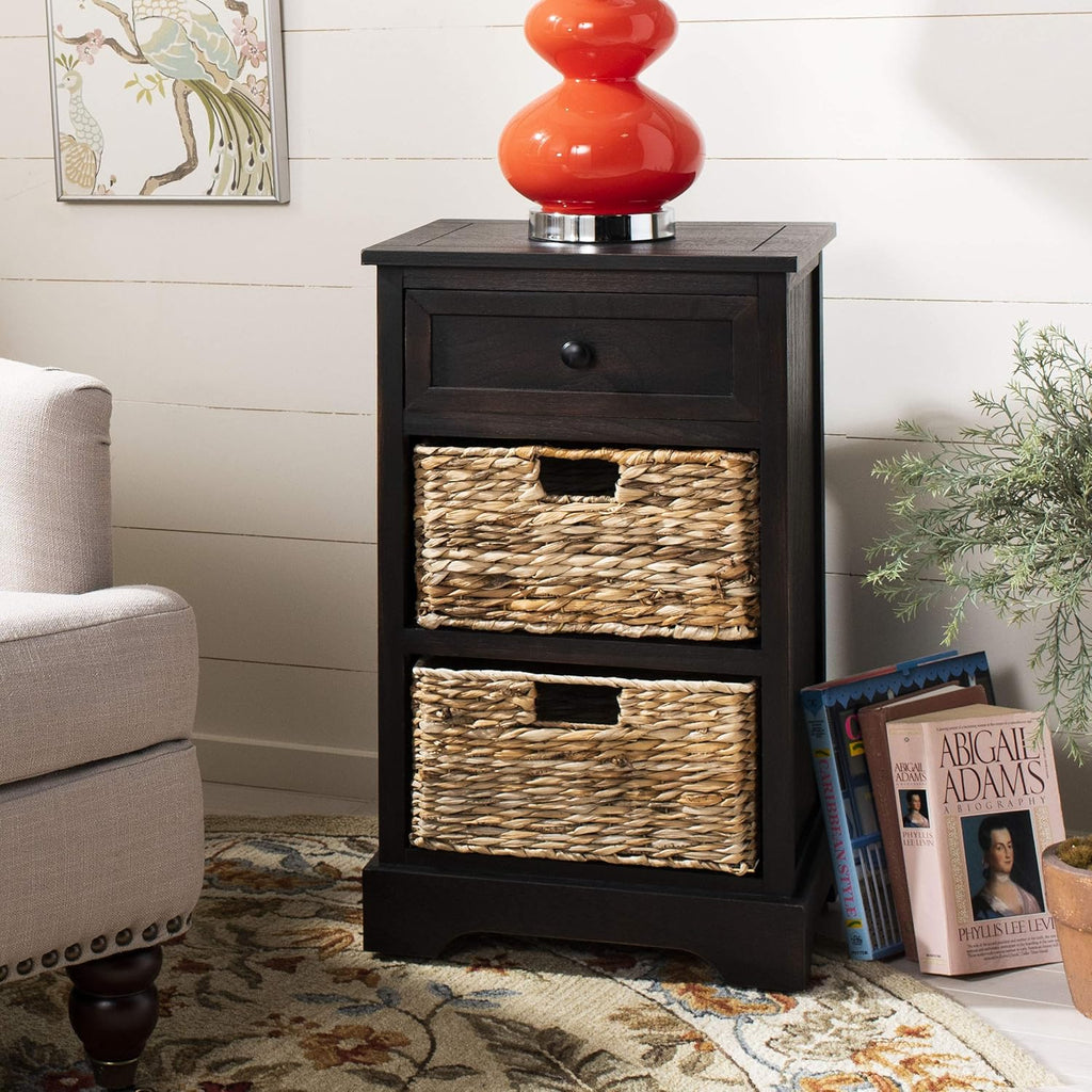 Vintage Grey / Natural Wicker 3-Drawer Storage Nightstand Side Table W47452