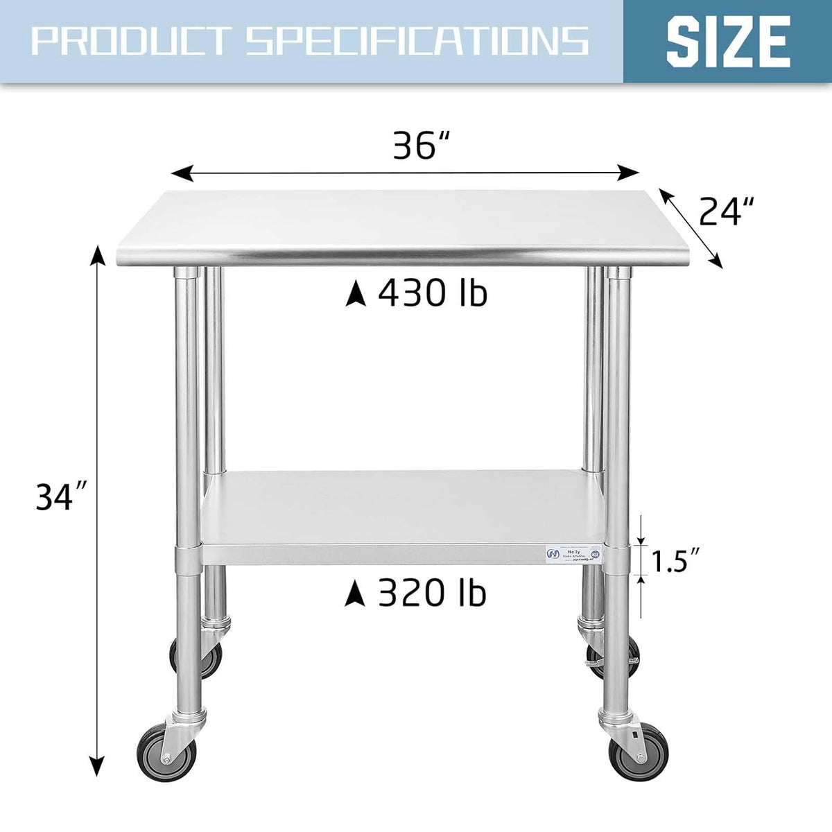 Stainless Steel Table 24 x 36 Inches with Caster Wheels and Undershelf V4870