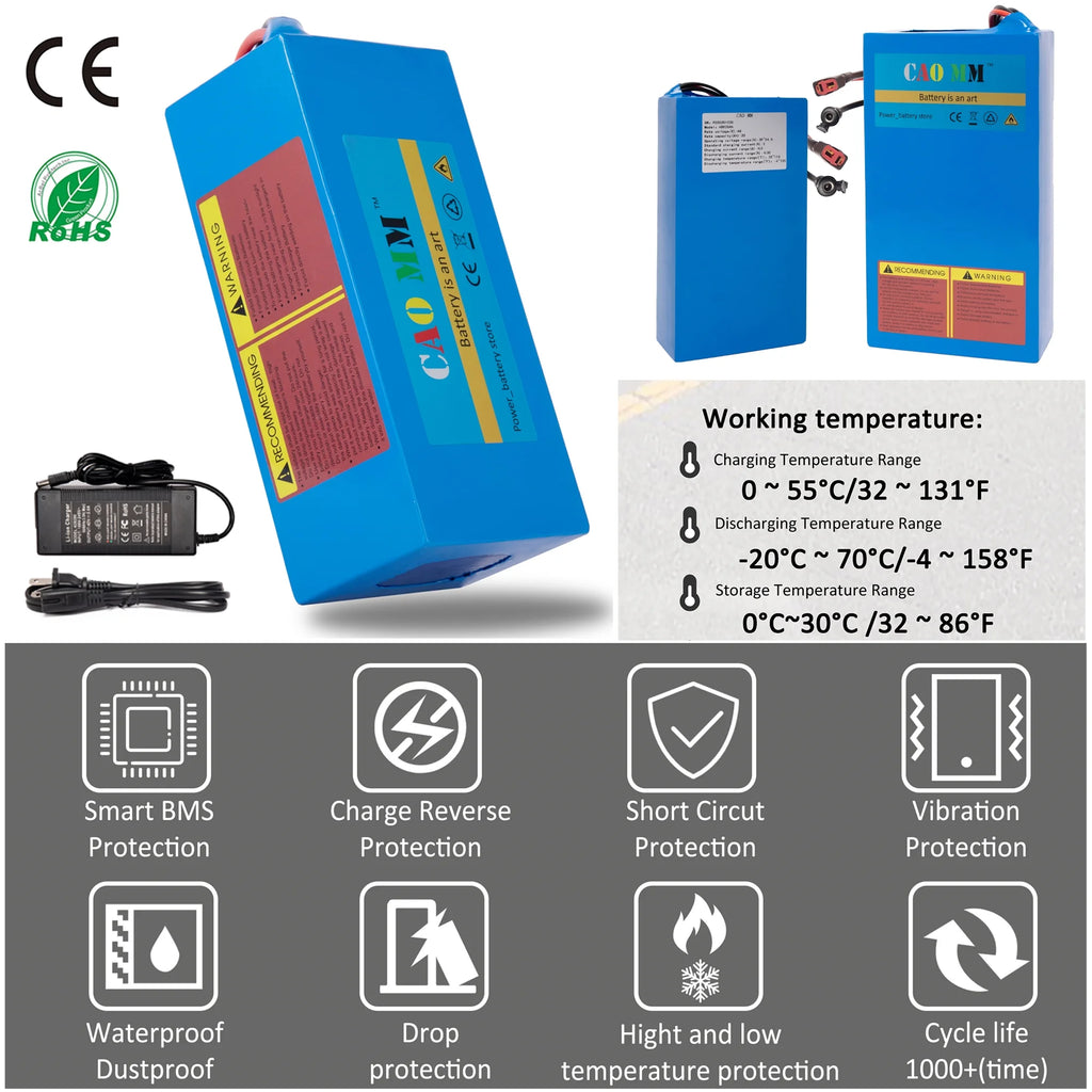 48V 14Ah Lithium Battery T-Plug 30A BMS for 1000W Electric Bike Q925