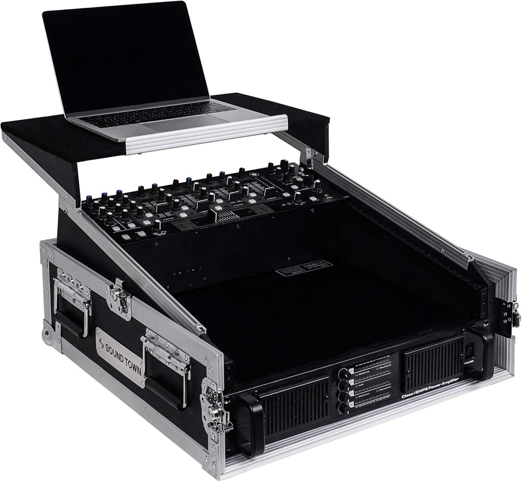 4U PA DJ Rack Road Case with 11U Slant Mixer Top, 20’’ Rackable Depth, 4-Space Size J523