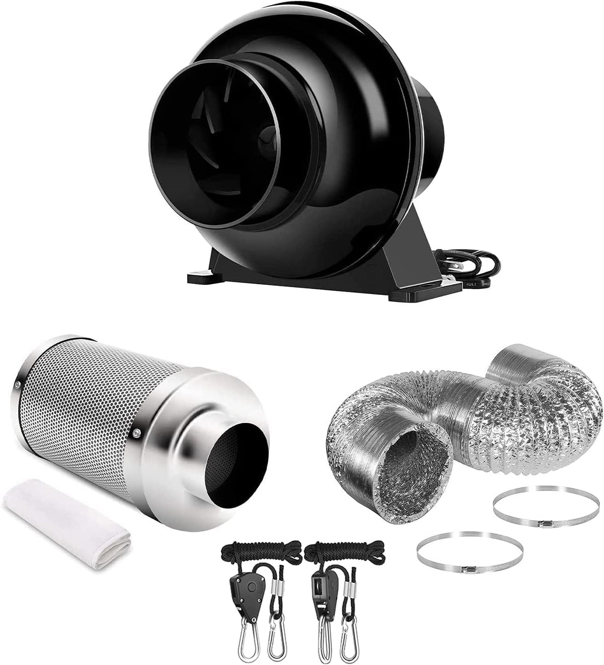 4 Inch 195 CFM Inline Fan Circulation Vent Blower with Carbon Filter, 8 Feet Ducting, 1-Pair Rope Combo, Pack of 2 W30174