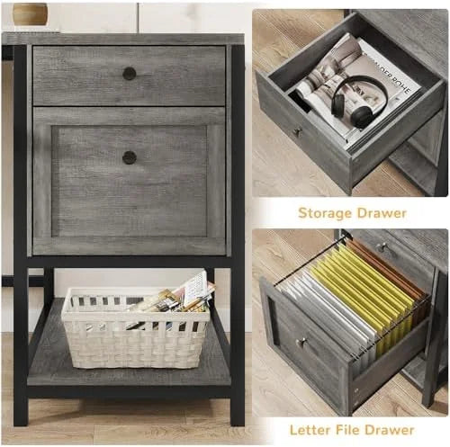 Rustic Brown L Shaped Desk with LED Lights and File Drawers J8244