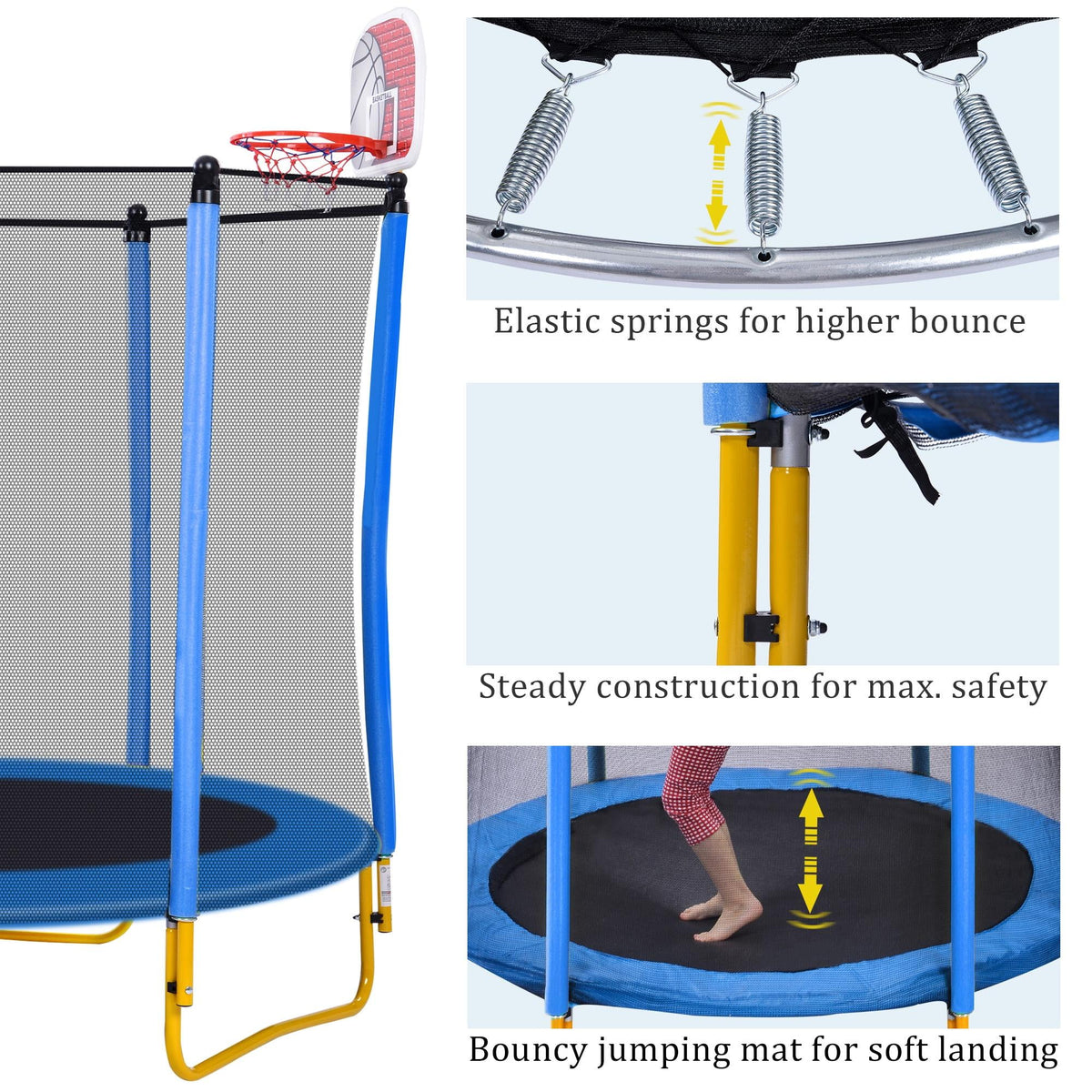 Blue 5.5FT Mini Toddler Trampoline with Enclosure and Basketball Hoop P83842