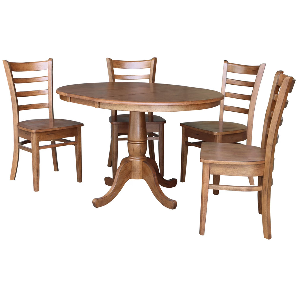 Solid Wood 5-Piece Dining Set with 36 in. Round Extension Dining Table and 4 Ladder Back Chairs in Distressed Oak Y259