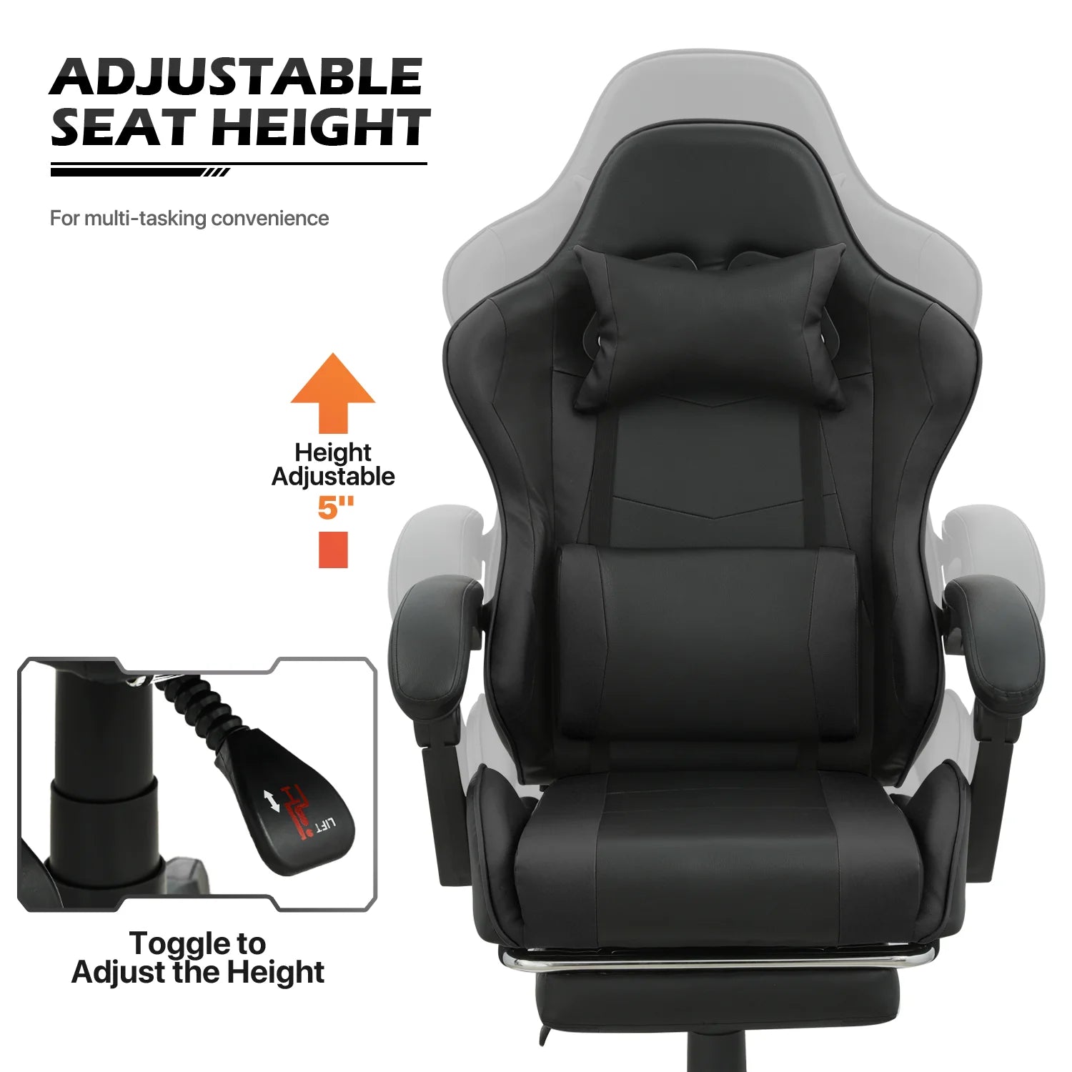 Black Swivel Gaming Chair with Footrest and Lumbar Support W40104