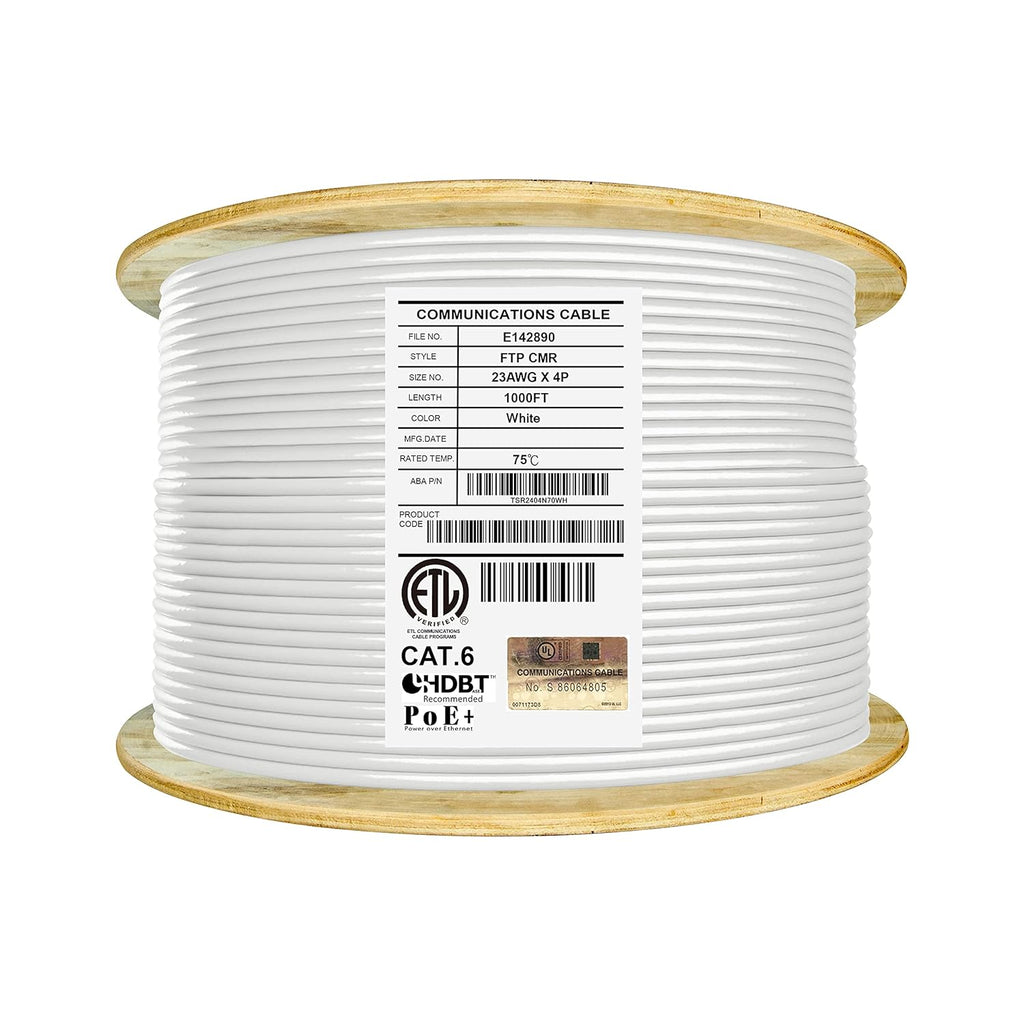 Cat6 Shielded Riser 1000ft F/UTP 23AWG Solid Bare Copper 550MHz Bulk Ethernet Cable Reel White Q9948