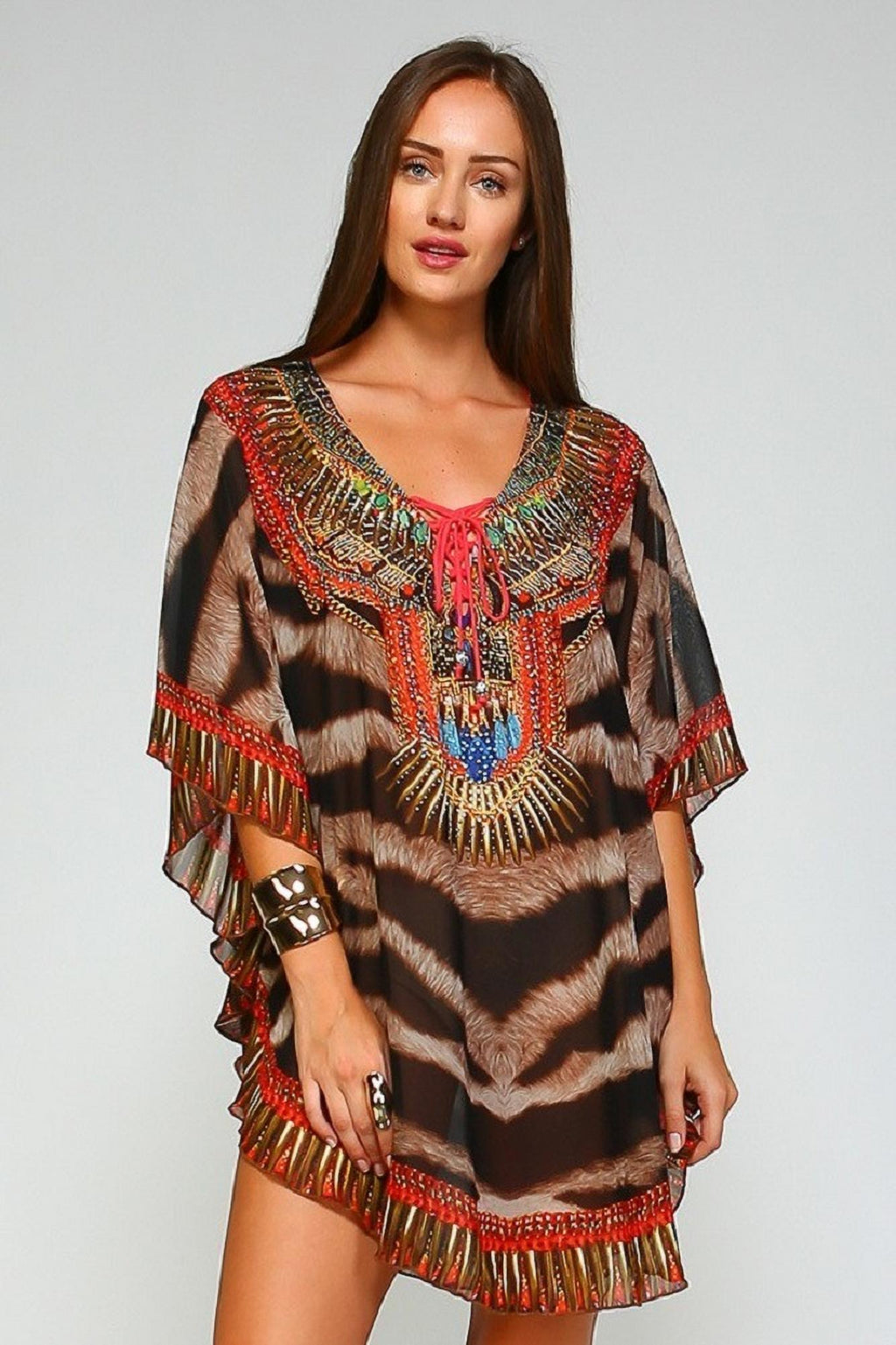 Animal Printed Lace up Kaftan I429
