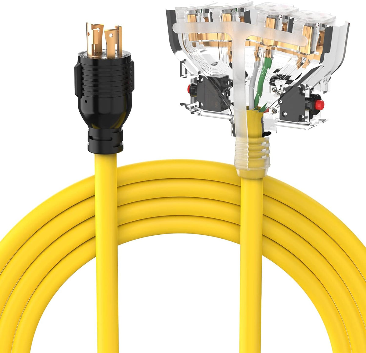 NEMA L14-30P to Four 5-20R 30A 125/250 Volt 7000 Watts 4 Prong 10 Gauge Flat Generator Cable with Protector Breaker Pack of 2 L5863