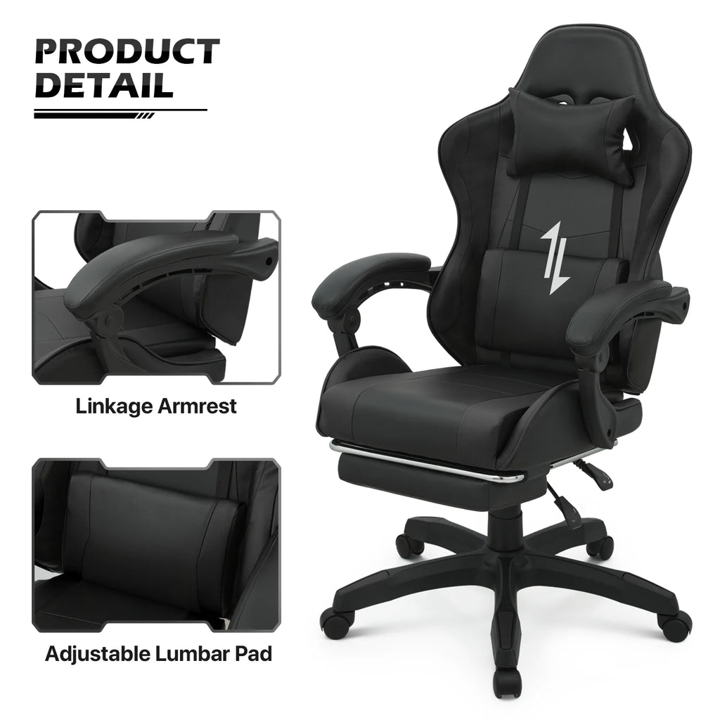 Black Swivel Gaming Chair with Footrest and Lumbar Support W40104