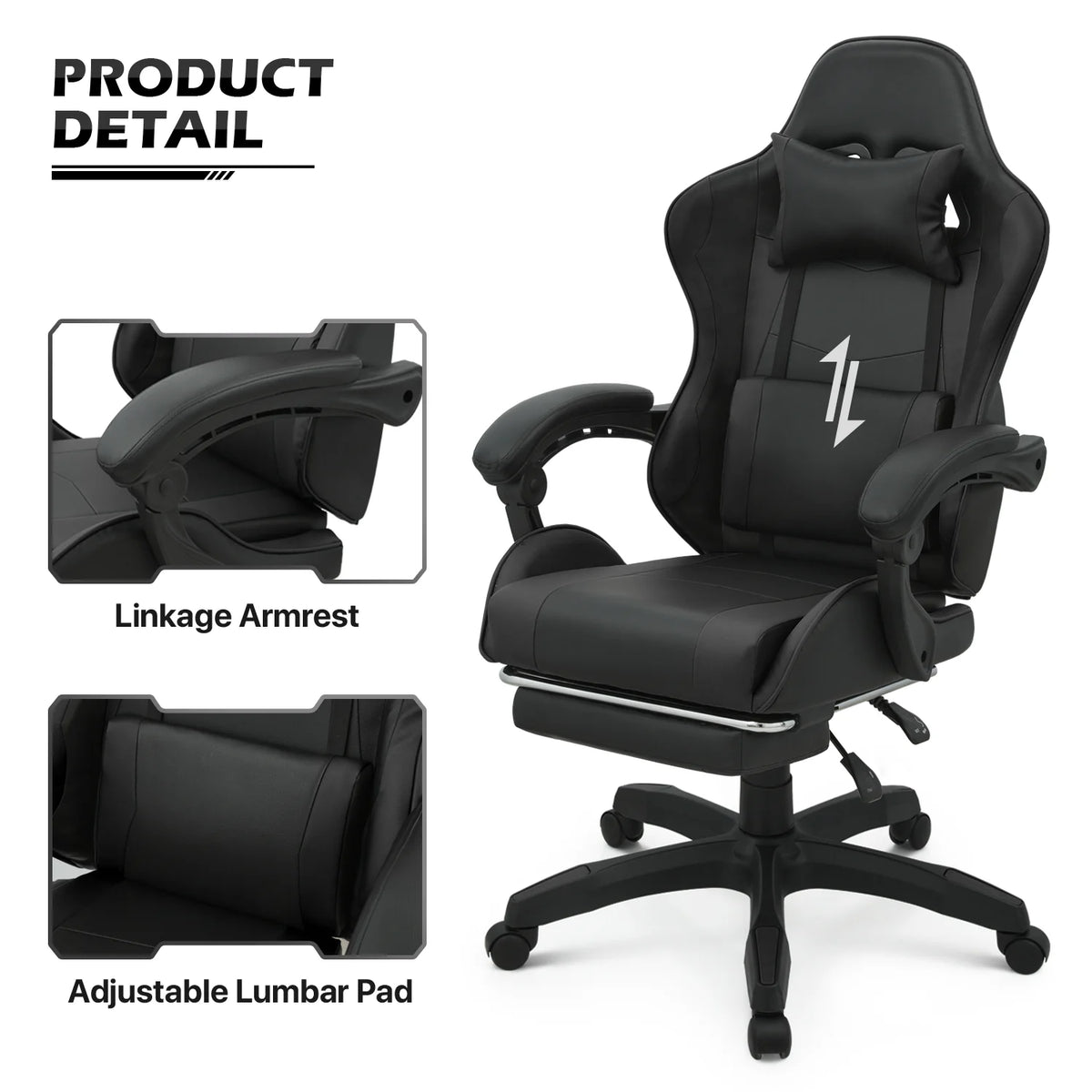 Black Swivel Gaming Chair with Footrest and Lumbar Support W40104