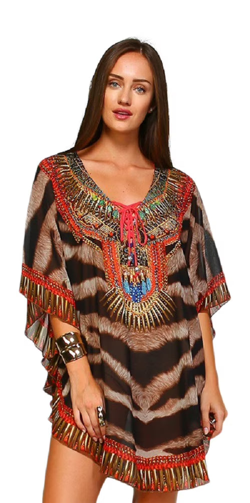 Animal Printed Lace up Kaftan I429