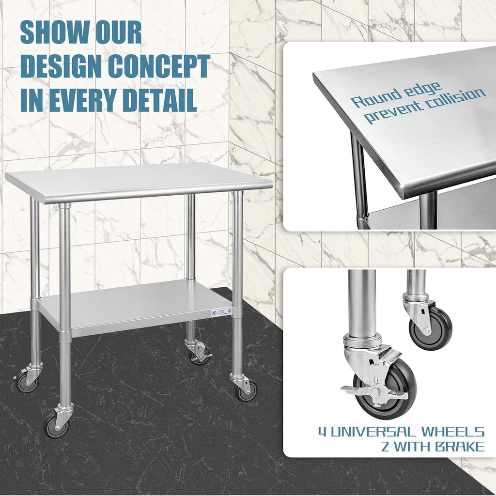 Stainless Steel Table 24 x 36 Inches with Caster Wheels and Undershelf V4870