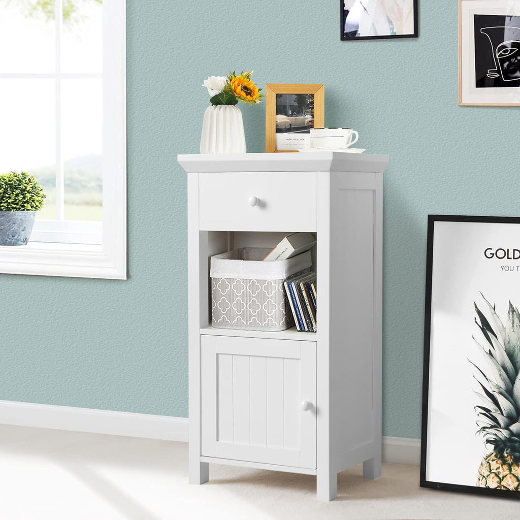 White Freestanding Wooden Bathroom Floor Cabinet, 1 Drawer & 1 Cabinet & 1 Open Shelf, Pack of 2 J531
