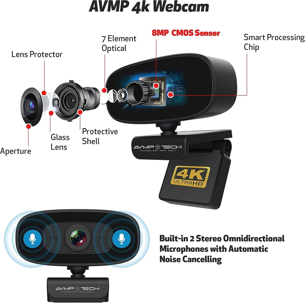 4K Webcam with Light Ultra HD 8MP Autofocus USB Web Cam with Microphone V852