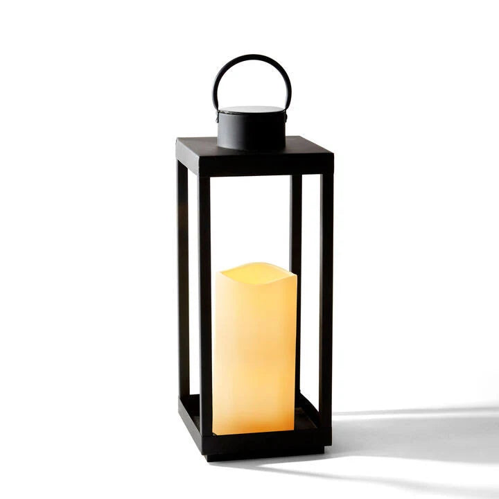 Matte Black Metal Open Frame Lantern with Solar Powered LED Candle E62651