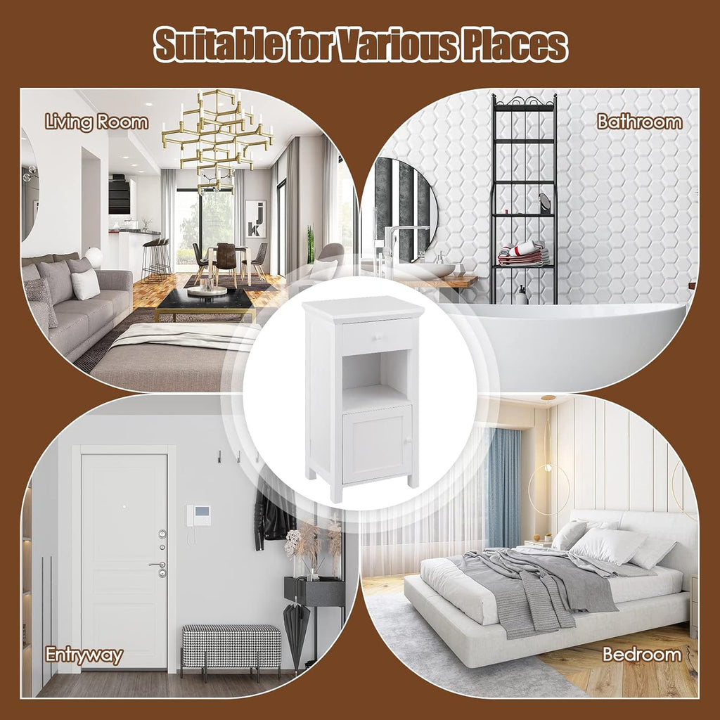 White Freestanding Wooden Bathroom Floor Cabinet, 1 Drawer & 1 Cabinet & 1 Open Shelf, Pack of 2 J531