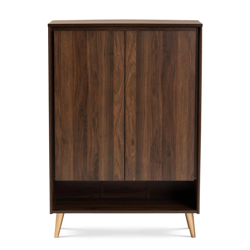 Walnut Brown and Gold Finished Wood 2-Door Shoe Storage Cabinet T131455