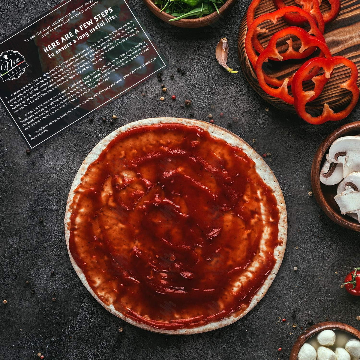 Black Cordierite Ceramic Coated Pizza Stone Pan Set with Bamboo Pizza Peel & Pizza Cutter E6278