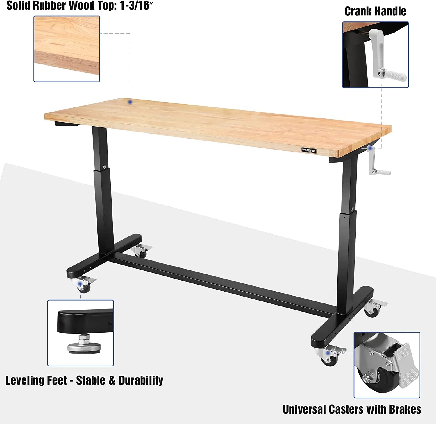 60" x 24" Rubber Wood Top Height Adjustable Work Table with Crank Handle and Casters T7884