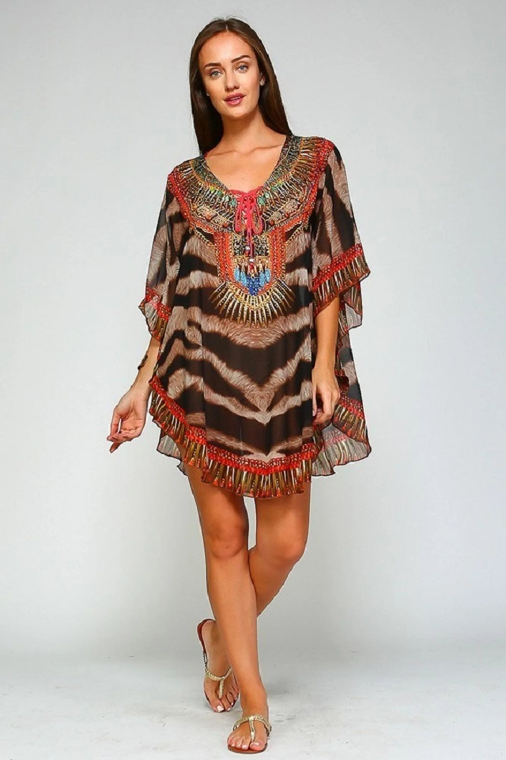 Animal Printed Lace up Kaftan I429