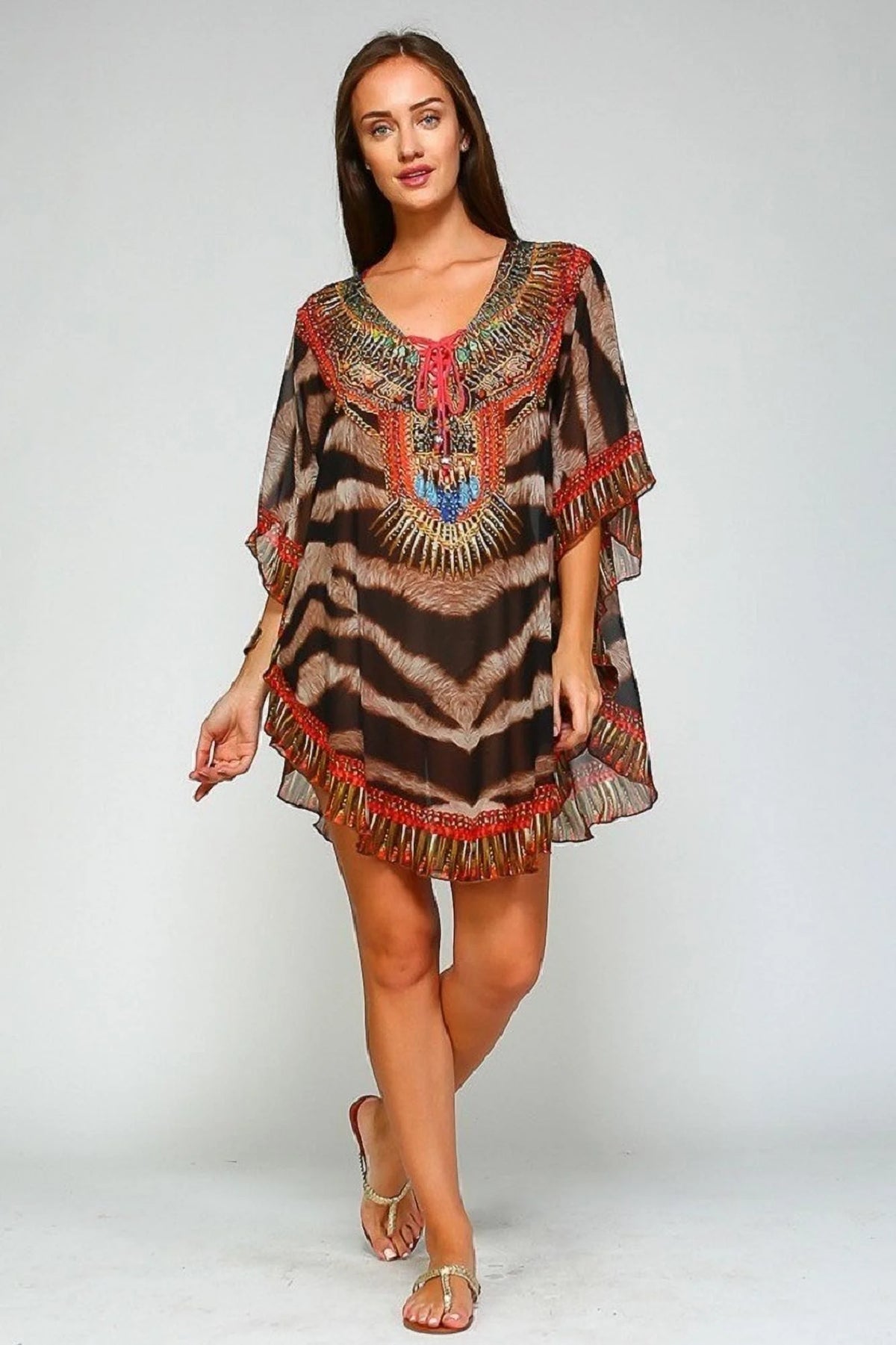 Animal Printed Lace up Kaftan I429