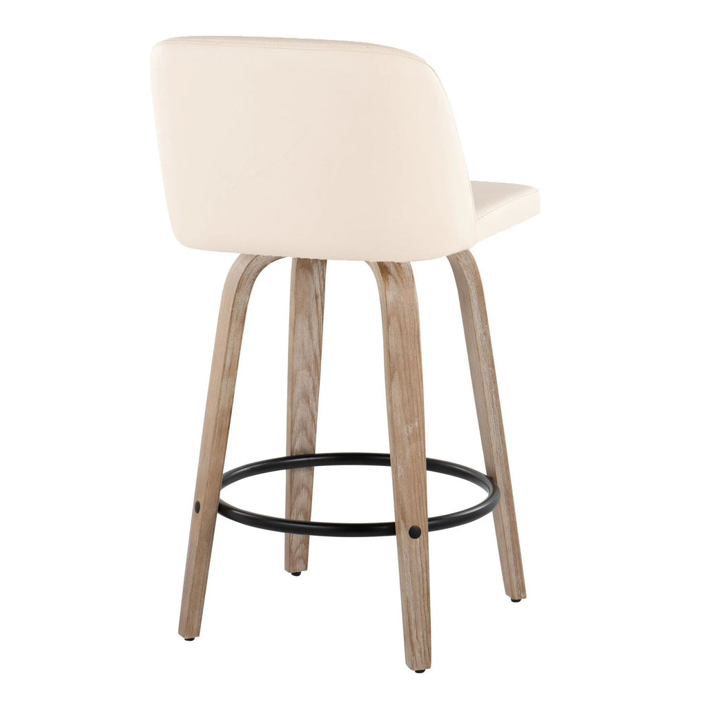 26" Counter Stool with Swivel in White-Washed Wood and Cream Faux Leather with Round Black Metal Footrest - Set of 2 A347