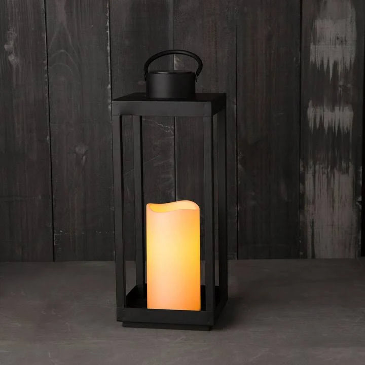 Matte Black Metal Open Frame Lantern with Solar Powered LED Candle E62651