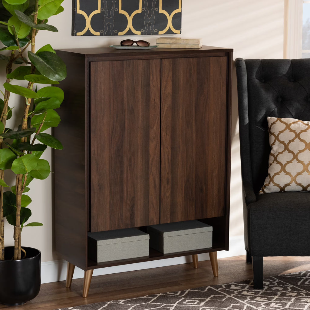 Walnut Brown and Gold Finished Wood 2-Door Shoe Storage Cabinet T131455