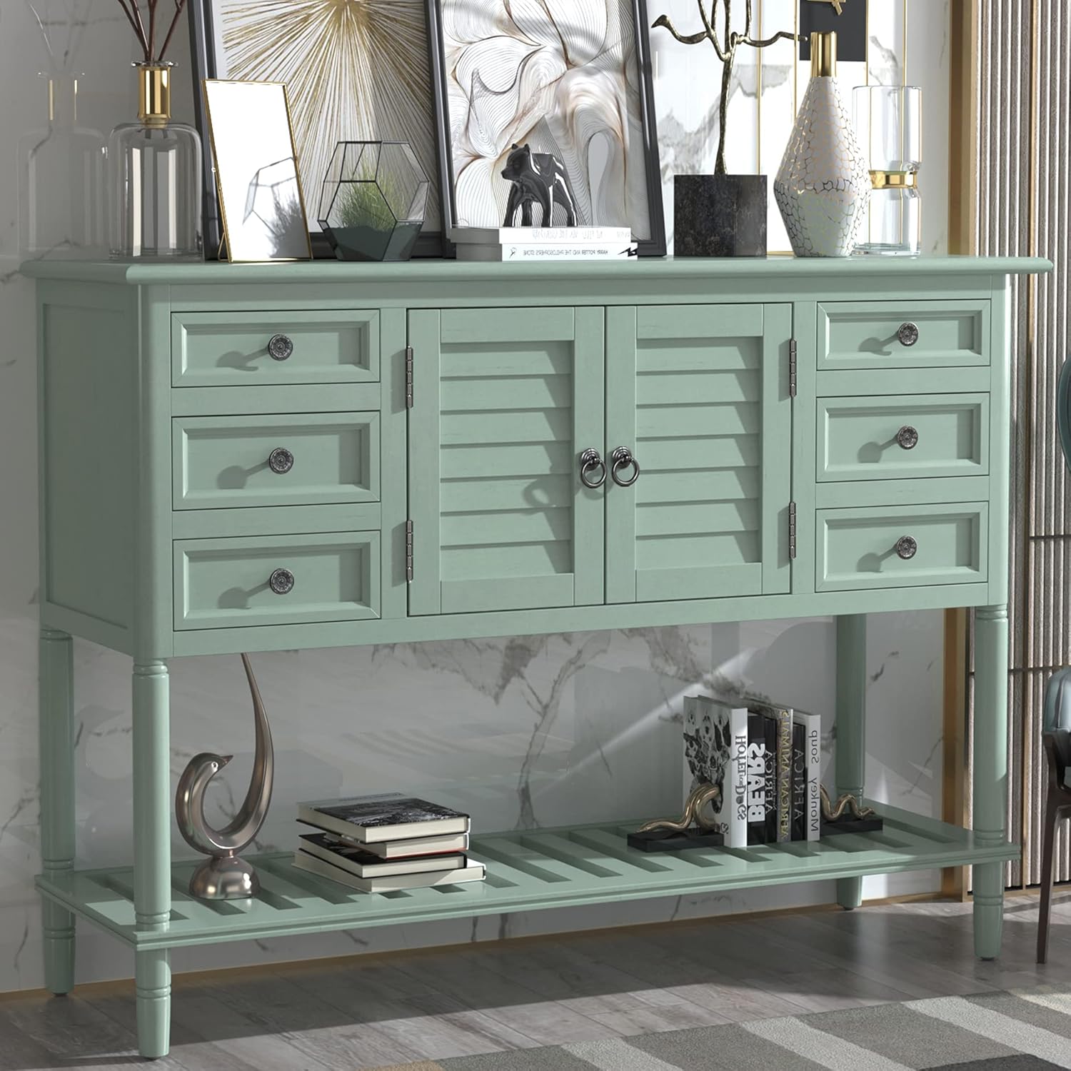 Light Green Wood Console Table with Drawers & Open Shelf K361