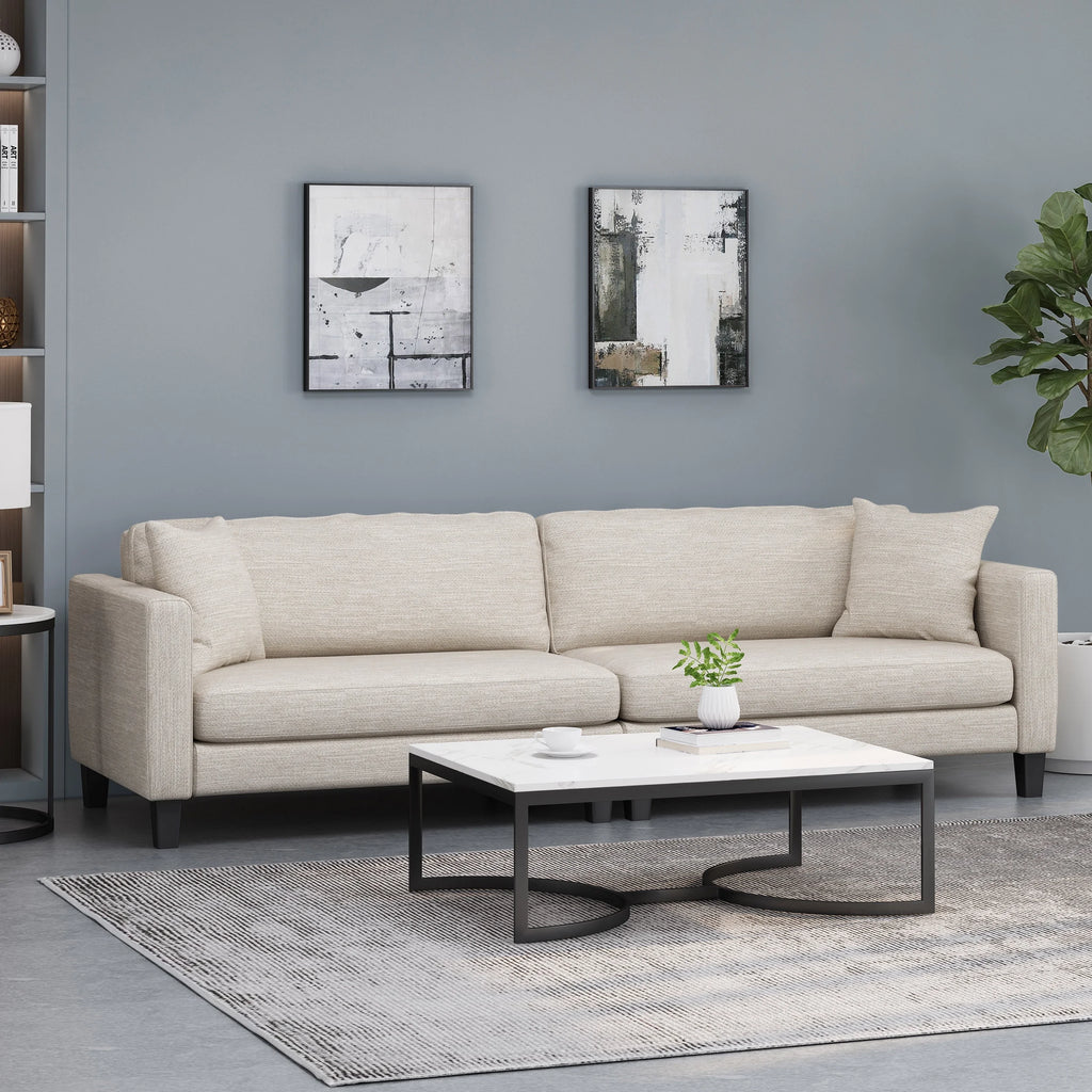 Beige and Dark Brown Fabric 4 Seater Sofa with Accent Throw Pillow Y485