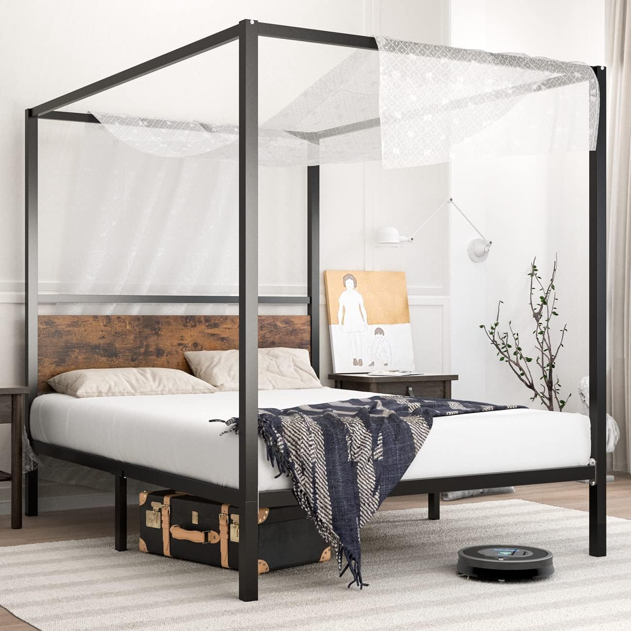Queen Size Black Metal Canopy Platform Bed Frame with Wooden Headboard O33429