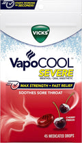 Vicks VapoCool Severe Medicated Sore Throat Drops, Max Strength Menthol, Cherry Flavor, 45ct K41965
