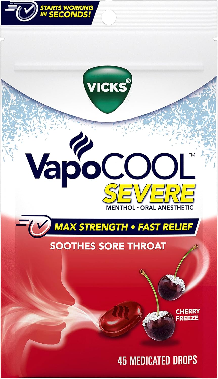 Vicks VapoCool Severe Medicated Sore Throat Drops, Max Strength Menthol, Cherry Flavor, 45ct K41965