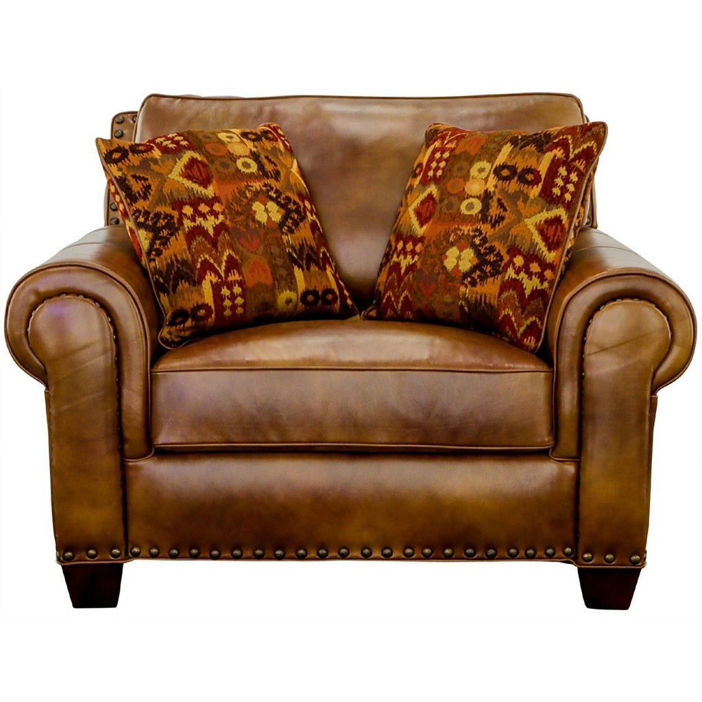 Camel Top-Grain Leather Accent Chair with Toss Pillows F9418