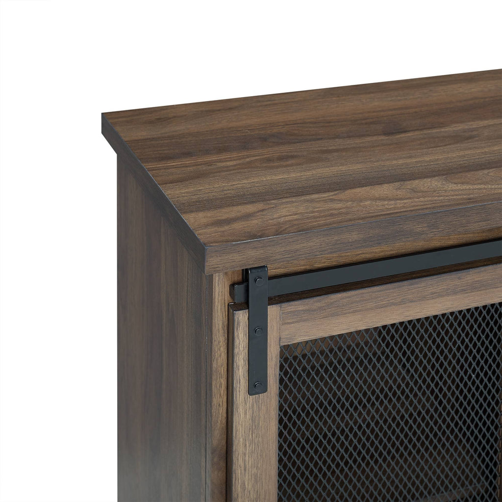 Industrial Farmhouse Accent Cabinet with Sliding Mesh Door Dark Walnut S937378