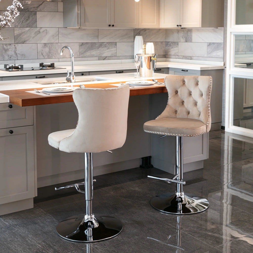 Khaki Velvet Upholstered Swivel Bar Stools, Set of 4 F8865