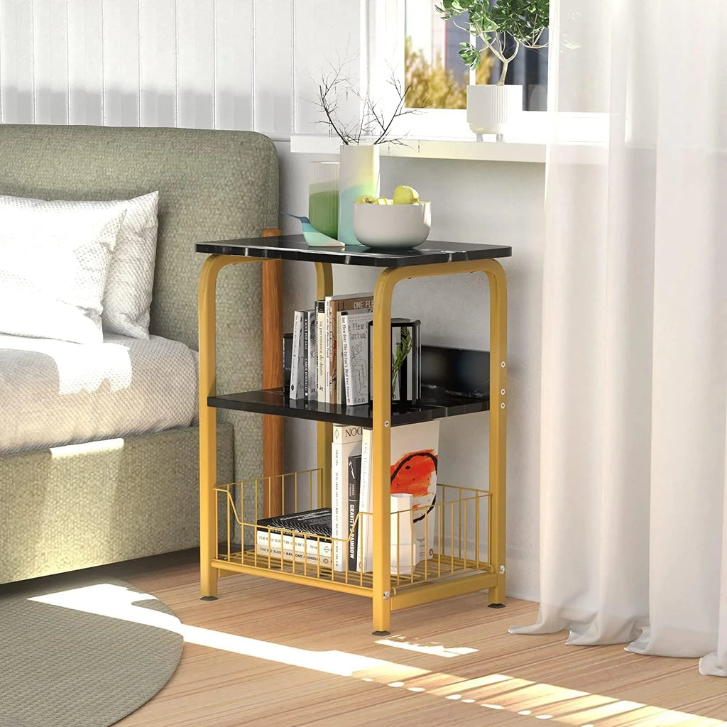 Black Marble 3 Tiers Nightstand with Wood and Metal Frame S6019