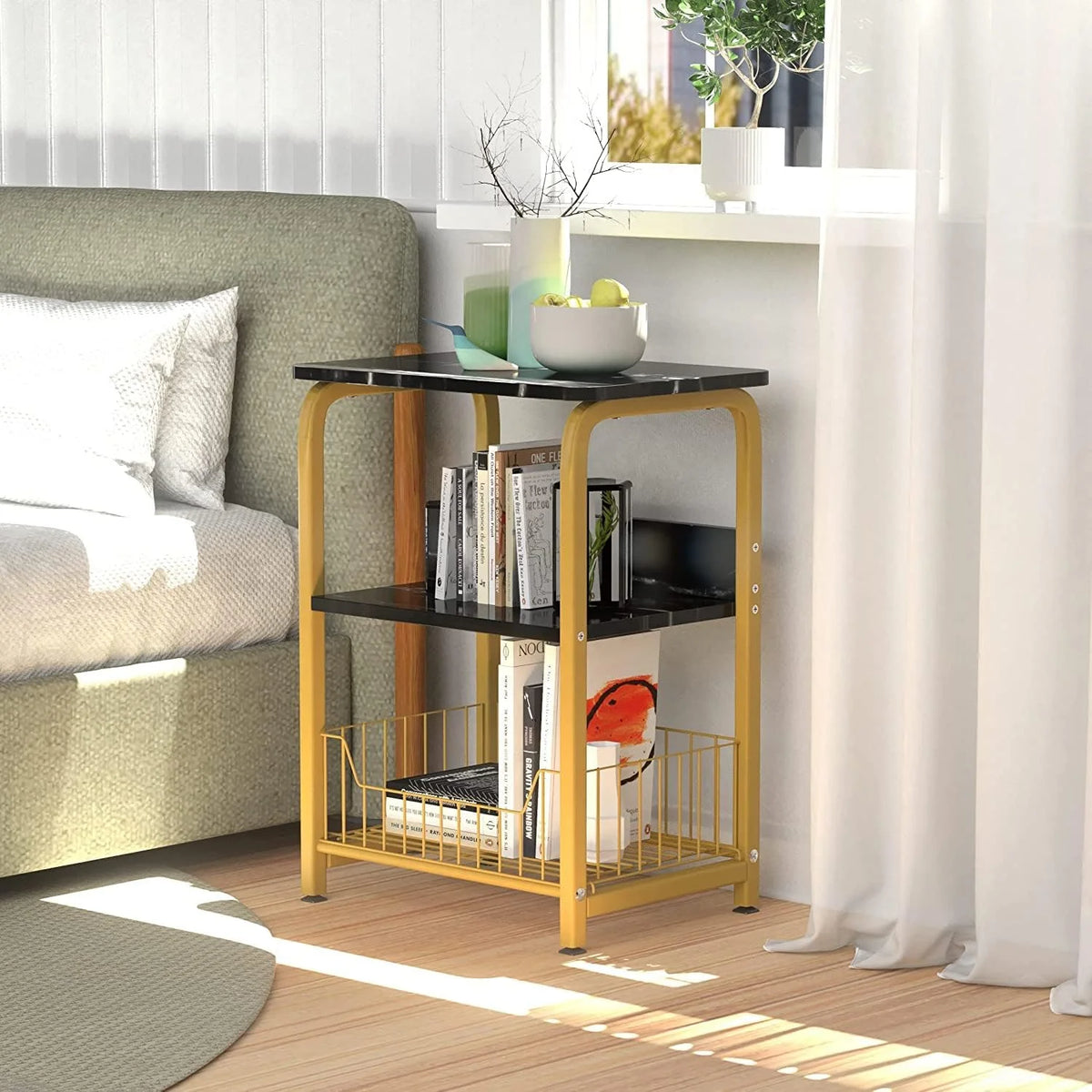 Black Marble 3 Tiers Nightstand with Wood and Metal Frame S6019