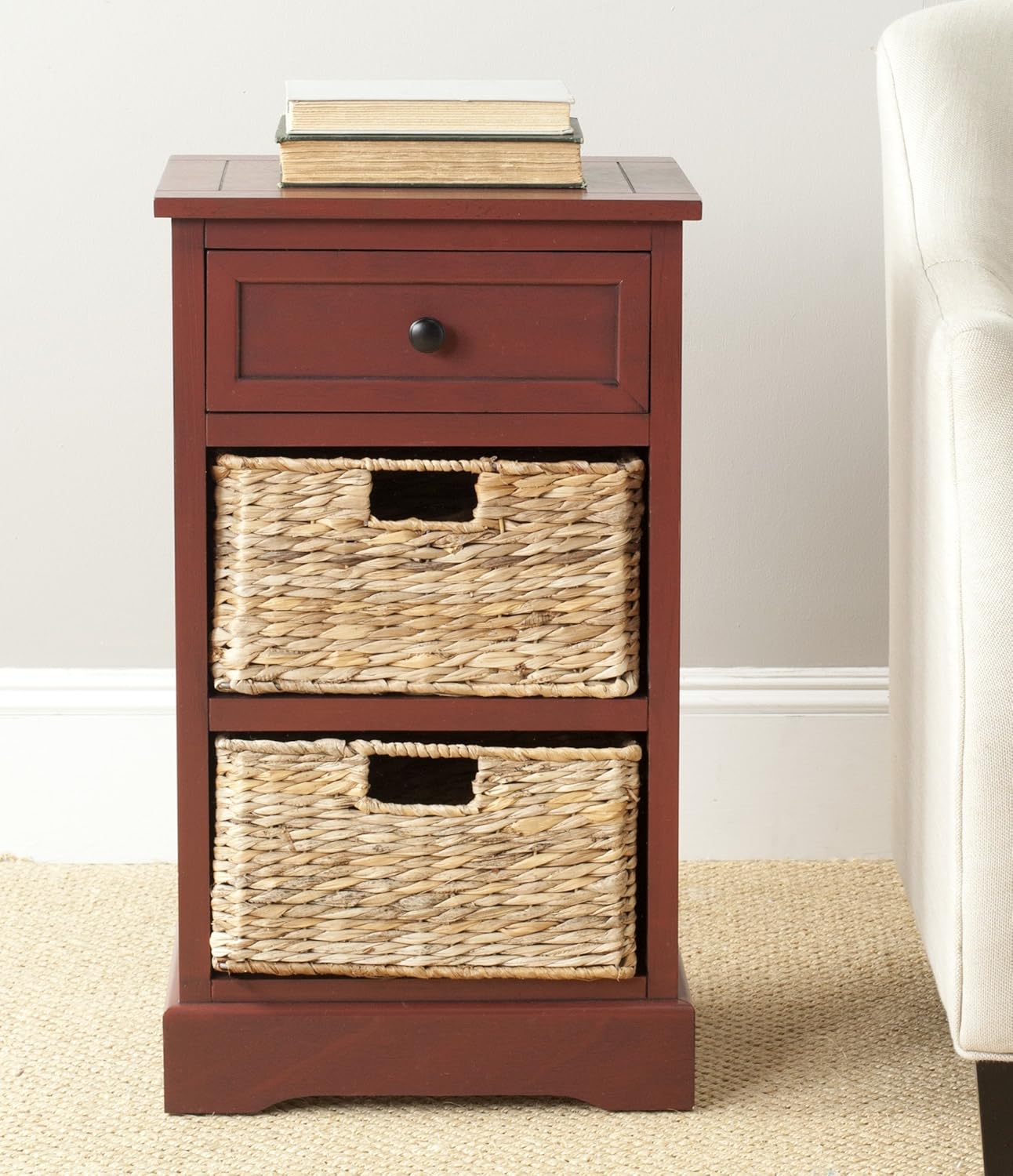 Vintage Grey / Natural Wicker 3-Drawer Storage Nightstand Side Table W47452