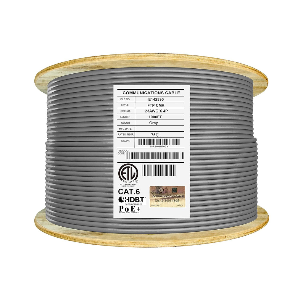 Cat6 Shielded Riser 1000ft F/UTP 23AWG Solid Bare Copper 550MHz Bulk Ethernet Cable Reel White Q9948