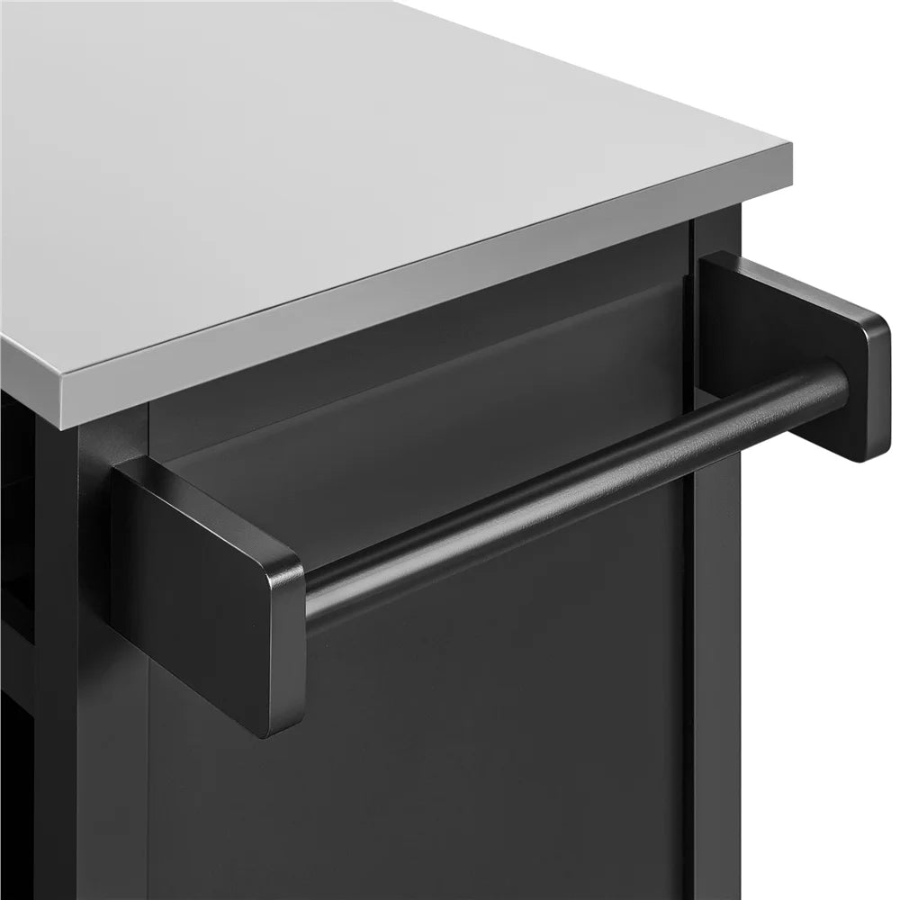 Black Kitchen Island Cart on Wheels with Stainless Steel Top and Open Shelves H1313