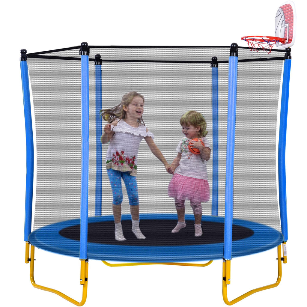 Blue 5.5FT Mini Toddler Trampoline with Enclosure and Basketball Hoop P83842