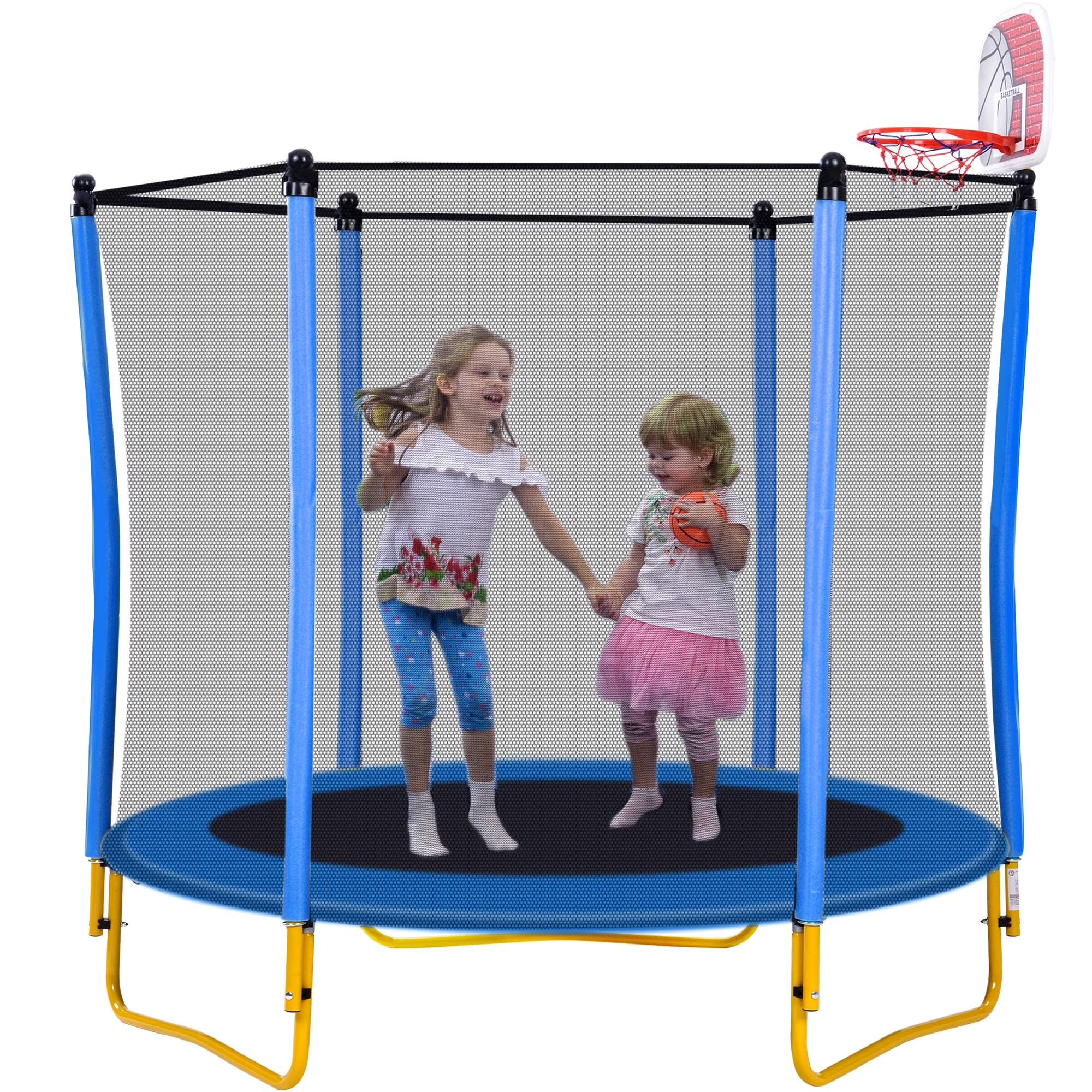 Blue 5.5FT Mini Toddler Trampoline with Enclosure and Basketball Hoop P83842