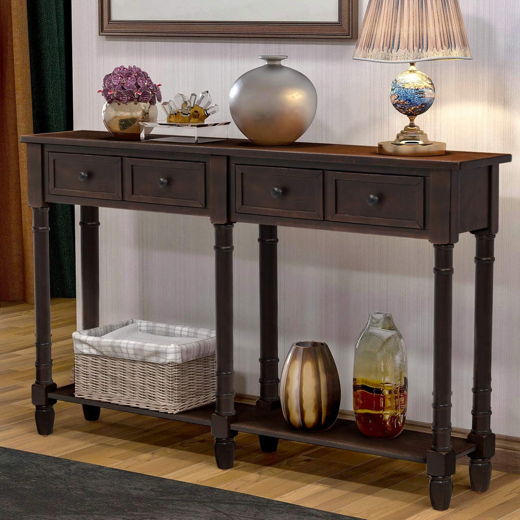 Retro Blue 4-Leg Wood Console Table with Two Drawers and Bottom Shelf P8434