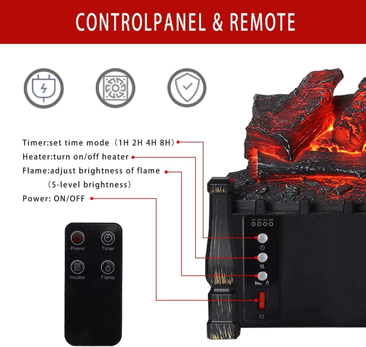 Electric Fireplace logs 21in Inserted Heater with Remote W508