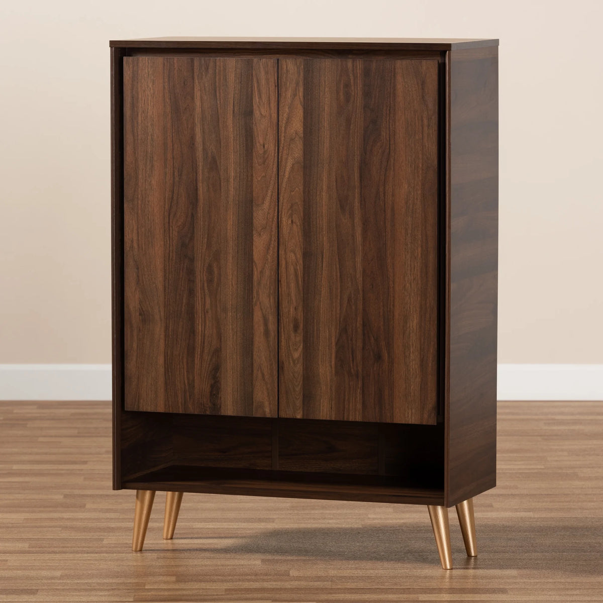 Walnut Brown and Gold Finished Wood 2-Door Shoe Storage Cabinet T131455