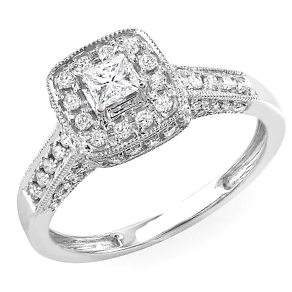 14k White Gold Princess Diamond Halo Engagement Ring X106