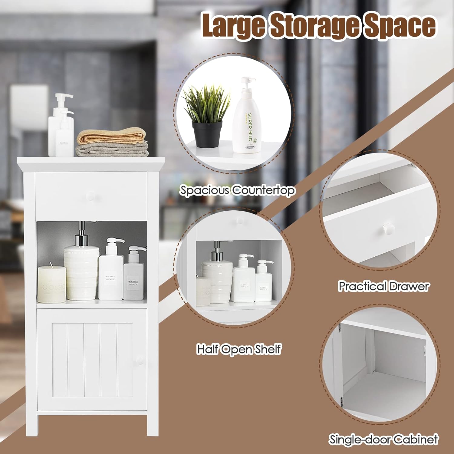 White Freestanding Wooden Bathroom Floor Cabinet, 1 Drawer & 1 Cabinet & 1 Open Shelf, Pack of 2 J531